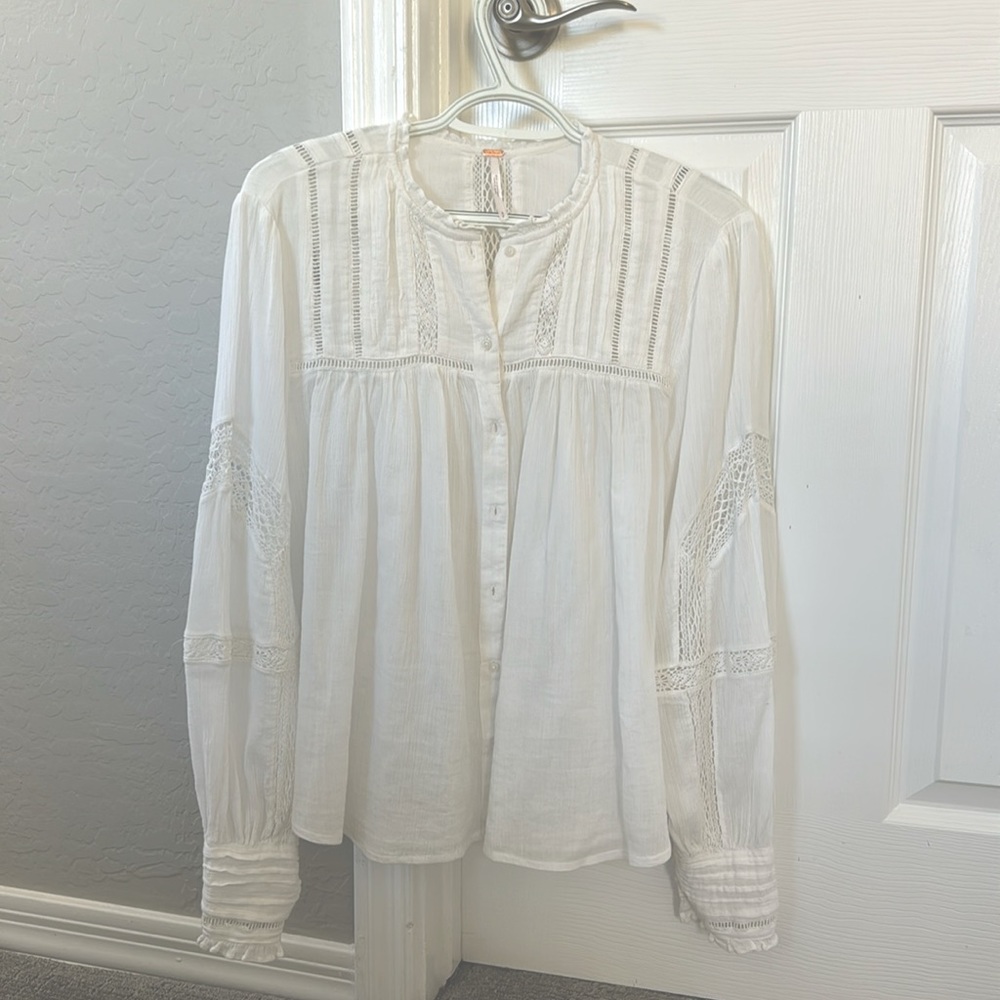 Free People Emma eyelet yoke ruffle nexk crochet lace inset long sleeve blouse